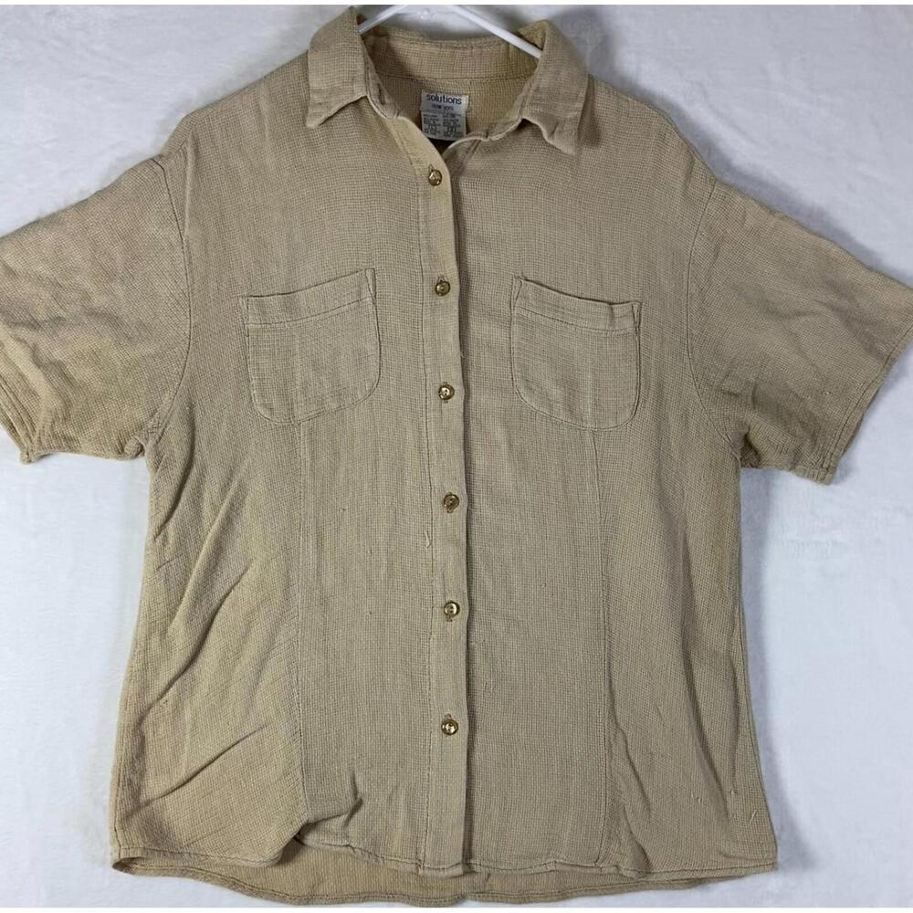Solutions Womens Large Tank Blouse Top Beige Tan Woven Linen Button Woven